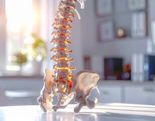 Spinal Model on a Desk in a Medical Library Near a Sunny Window