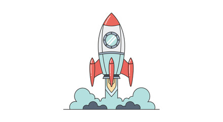 Rocket ship launching into space with fire and smoke illustration.