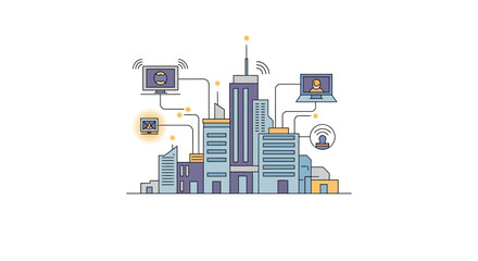 Obraz premium Smart city concept with connected buildings and digital communication.