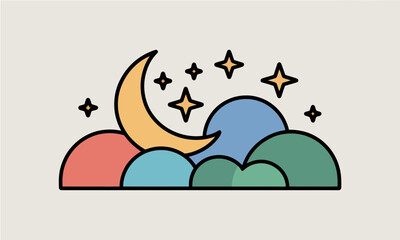 Naklejka premium Stylized illustration of a crescent moon stars and colorful clouds at night.