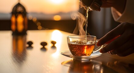 Pouring Tea in a Peaceful Moment with Warm Light and Calm Spiritual Atmosphere