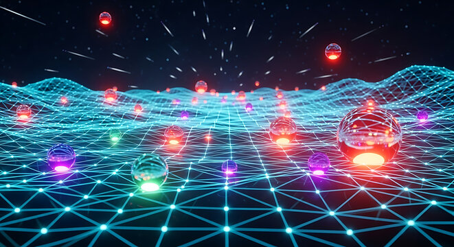 Neon Lights on Digital Grid Network. - Powered by Adobe