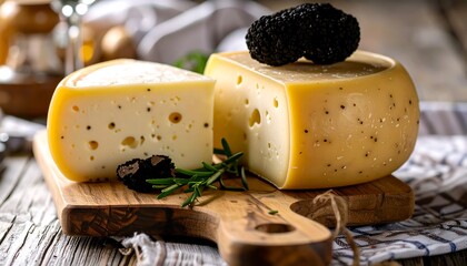 Wheels of gourmet cheese with whole black truffles and fresh rosemary on a rustic wooden cutting board.