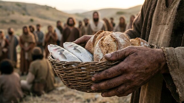 Cinematic Close-up of Hands Holding Basket of Bread and Fish for Feeding the Five Thousand Miracle