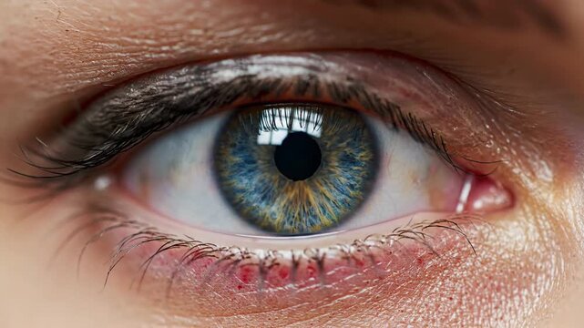 Close up of human eye with detailed iris texture and subtle reflections