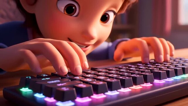 An animated child enjoys focused typing on a vibrant RGB keyboard, embodying a modern Home Office Refresh and Inspiring workspace improvements for digital creativity.