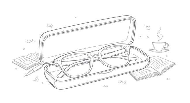 Sketch of reading glasses in a case with books and coffee.