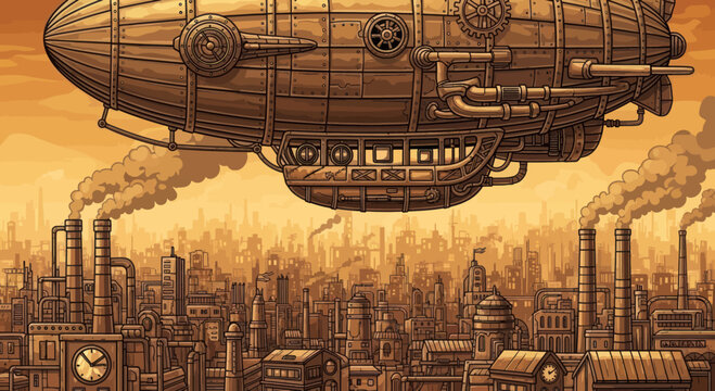 Steampunk airship flies over a detailed industrial city with a sepia-toned sky.
