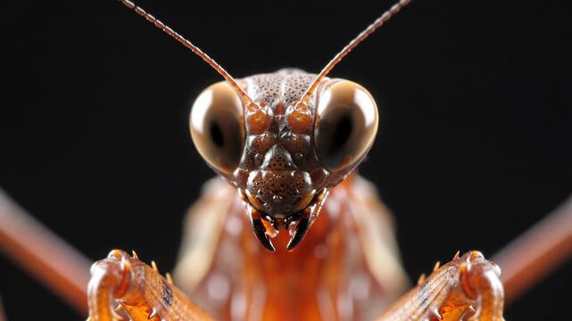 Close up of a praying mantis insect on a dark background