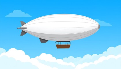 Cartoon-style illustration depicts a white airship floating amongst fluffy clouds in a blue sky