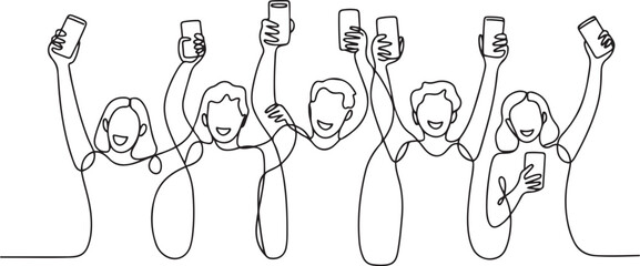 Continuous one line drawing Happy people showing mobile phone screens. Holding smartphone. one line Art icon drawing vector