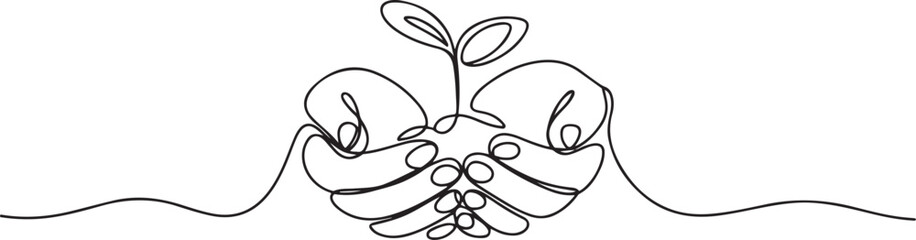 Obraz premium Continuous one line drawing hands hold plant together. World environment day concept. one line Art icon drawing vector
