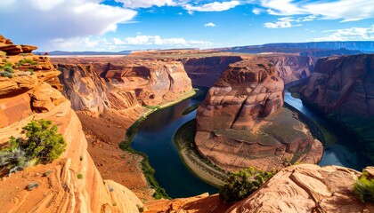 Iconic Horseshoe Bend on the Colorado River in Page, Arizona, with dramatic red rock canyons under a vibrant blue sky.