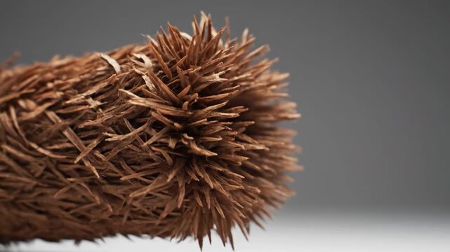 Close up of a textured brown object against a neutral gray background