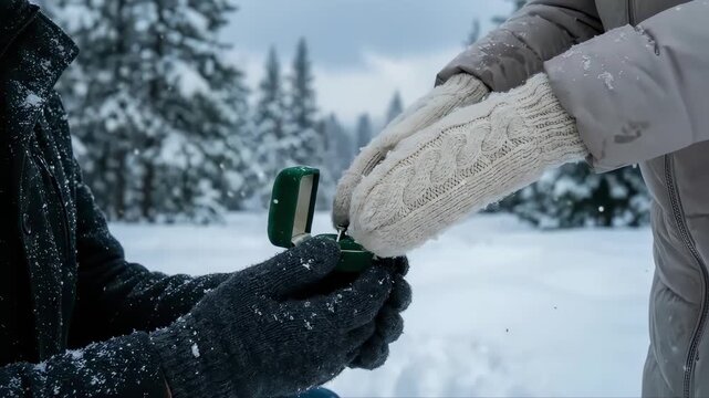 Romantic winter engagement scene with individual presenting ring in open box, partner reaching out with gloved hands to accept, snowy landscape creating a magical atmosphere for a heartfelt moment