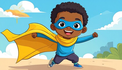 Joyful Black superhero boy in a blue mask and yellow cape running outdoors on a sunny day.