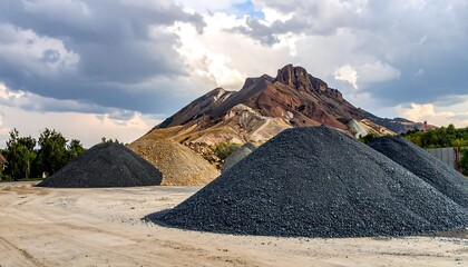 Large rock piles in front of a mountain under a cloudy sky