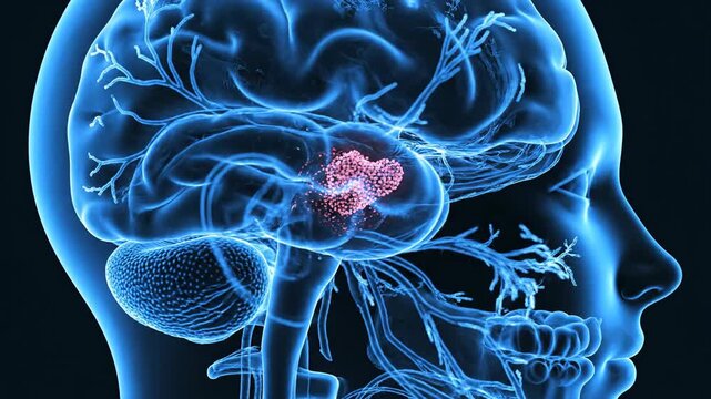 Brain scan visualization showing growth or anomaly inside head anatomy