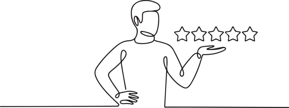 Continuous one line drawing confidence customer giving 5 stars rating. one line Art icon drawing vector