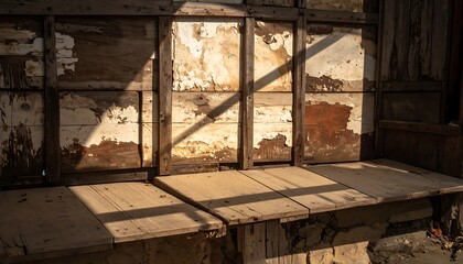 Weathered wooden bench and wall with peeling paint, lit by a slanting sunbeam