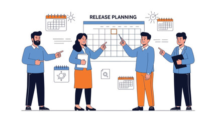 Team planning release dates on a calendar board, project management concept