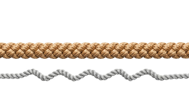 Light brown, tightly braided, short, horizontal rope segments in two parallel rows above a single transparent zig-zag rope line, intricate textures, isolated on transparent background, copy space,