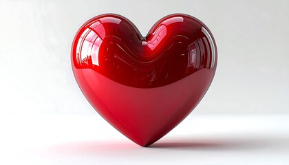 Shiny three-dimensional red heart with a glossy reflective surface on a white background.