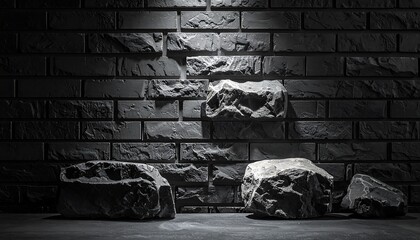 Black and white image of a brick wall and irregularly-shaped stones under a spotlight