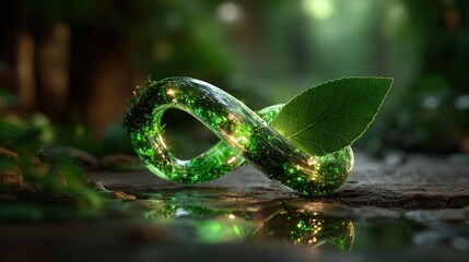 Sustainable infinity symbol with green leaf in forest setting
