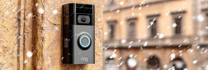 Smart Video Doorbell Mounted on an Exterior Wall with Bokeh Lights.