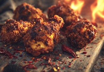 Spicy Fried Chicken Feast on Wooden Board.