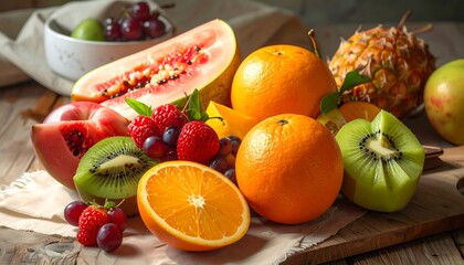 Assortment of fresh fruits artfully arranged on a rustic wooden surface