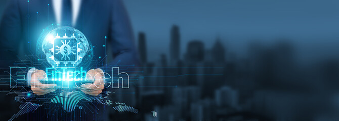 Fintech technology, Businessman using of fintech technology with tablet on global network, financial and transactions, Global banking and investment strategies, and digital transactions.