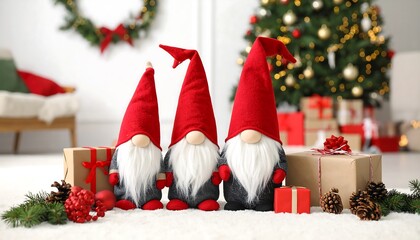 Festive interior scene with three gnome figurines, Christmas tree, and presents