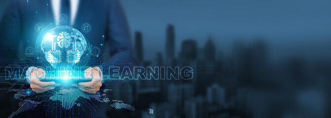 Machine learning technology, Businessman using of machine learning technology with tablet on global network, analysis and prediction, Global insights and decision-making, and digital transformation.