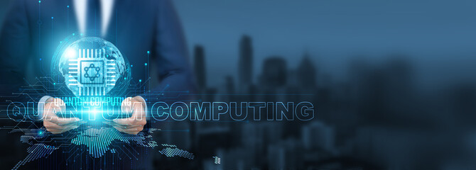 Quantum computing technology, Businessman using of quantum computing technology with tablet on global network, innovation and advancement, Global connectivity, data processing, digital transformation