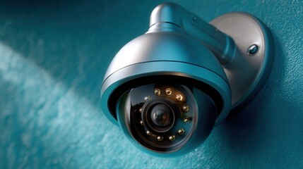 Close-up of a modern security camera on a blue wall for surveillance