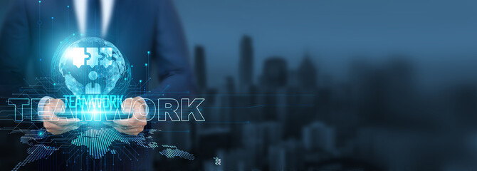 Teamwork technology, Businessman using teamwork technology with tablet on global network, collaboration and coordination, Global connectivity and teamwork efficiency, and digital collaboration.