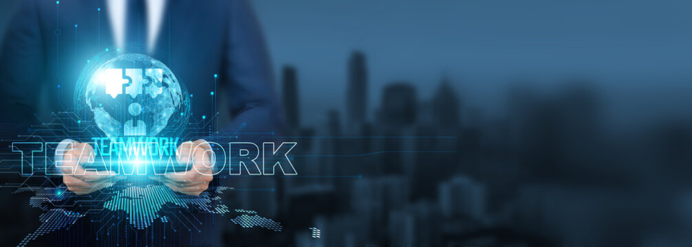 Teamwork technology, Businessman using teamwork technology with tablet on global network, collaboration and coordination, Global connectivity and teamwork efficiency, and digital collaboration. - Powered by Adobe