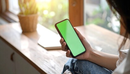 Woman's hand holding a smartphone with a green screen near a window. Plants visible