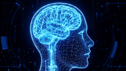 Illuminated neural network brain in digital circuitry