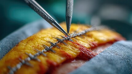 Close-up of surgical tools stitching a wound with precision
