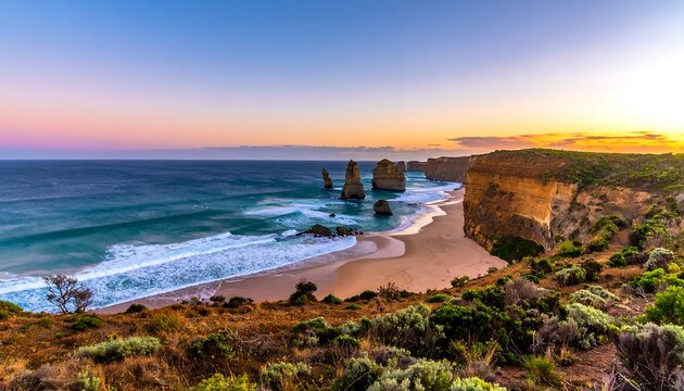 Coastal view featuring rock formations, cliffs, ocean, sand, and vibrant sunset colors - Powered by Adobe