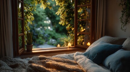 Cozy bedroom with bed and candles by a large window overlooking a serene garden with lush greenery and a potted plant on the sill