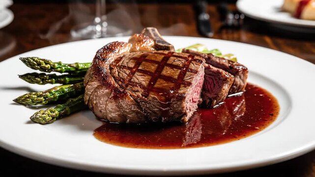 Juicy steak with grill marks sits in a glossy sauce, flanked by vibrant asparagus spears, on a plate