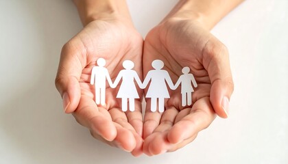 Close-up of open hands cradling a paper cutout family, symbolizing care and unity