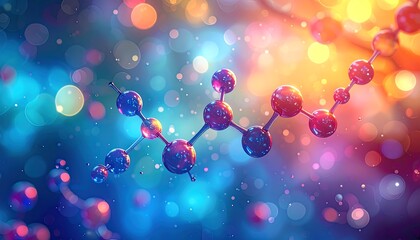 Illuminated 3D rendering of a molecular structure against a vibrant bokeh background