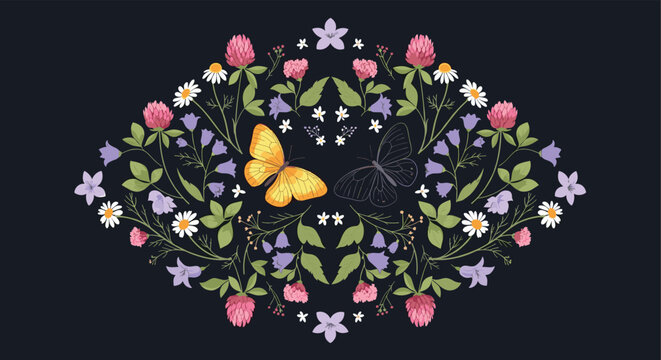 Symmetrical folk art embroidery design with wildflowers and two butterflies, one colored and one outlined, on a dark background.
