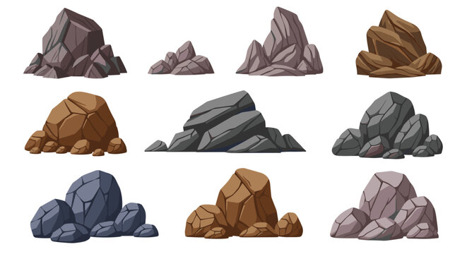Collection of nine different cartoon rocks and boulders in various shapes, sizes, and colors, perfect for game or landscape design.