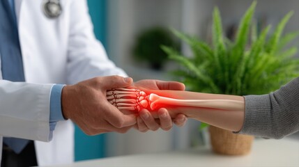 Doctor examining patient's wrist with highlighted bone structure